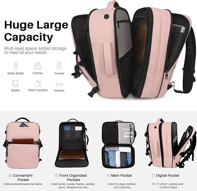 Travel Backpack Carry On Flight Approved, Lightweight Large Travel Backpack, Expandable with USB Charging Hole, Waterproof Causal Bookbag for Travel Work College Fits 17 inch Laptop, Pink