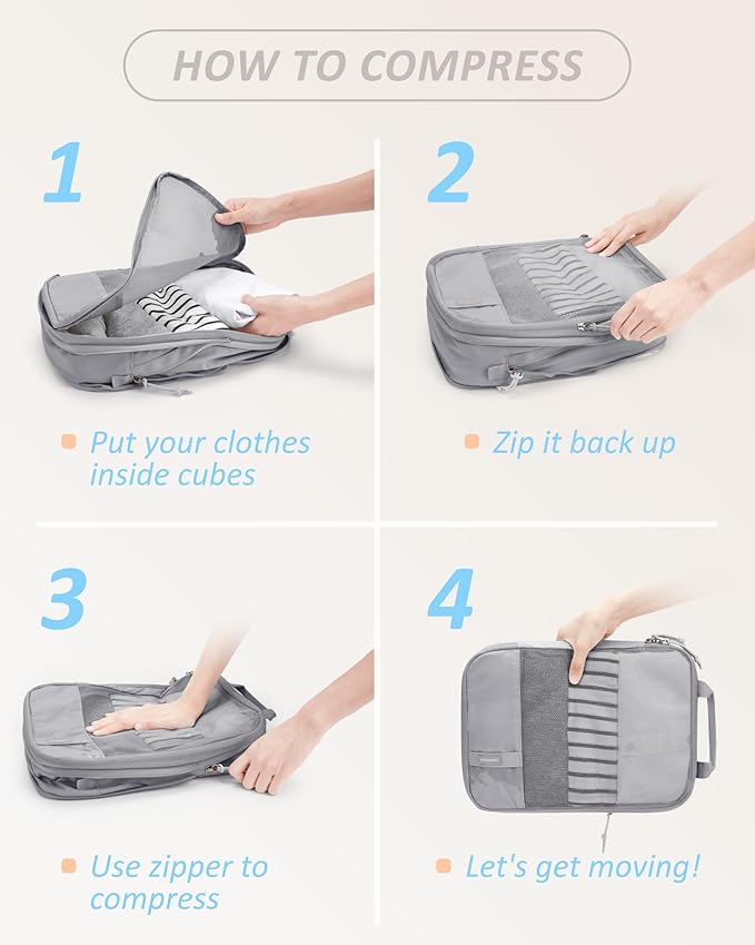BAGSMART 6 Set Compression Packing Cubes - Lightweight Travel Essentials, Durable Luggage Organizer