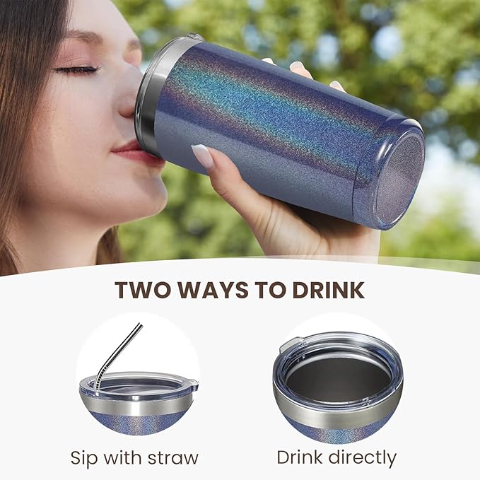 MEWAY 20oz Tumbler Double Wall Vacuum Insulated Travel Glitter Mug,Stainless Steel Tumblers with Lid and Straw, Powder Coated Coffee Cups for Woman (Rainbow Navy,1)