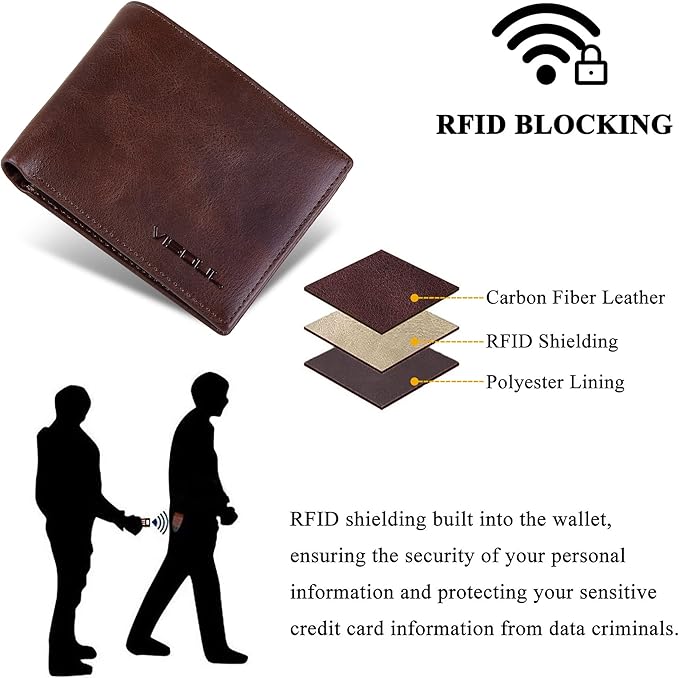 VISOUL Men's Leather RFID Blocking Wallet Extra Capacity, Bifold Security Wallet for men with 2 ID Windows 8 Card Slots 2 Cash Compartments (Coffee and Dark Orange)