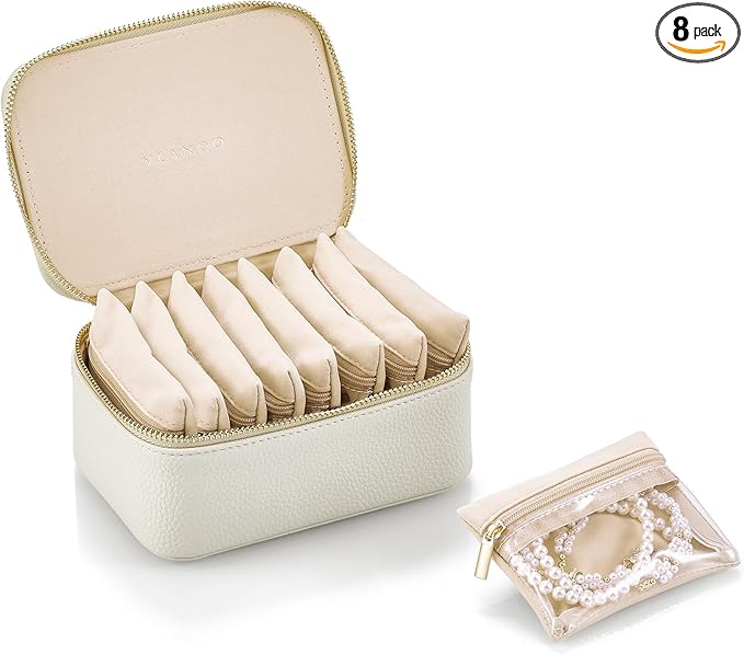Vlando Graduation Gifts for Her,Travel Jewelry Case with 8 Velvet Jewelry Bags Jewelry Travel Organizer Box for Girls Jewelry Box for Rings Earrings Brides Gifts Birthday Gifts for Women Teen(White)