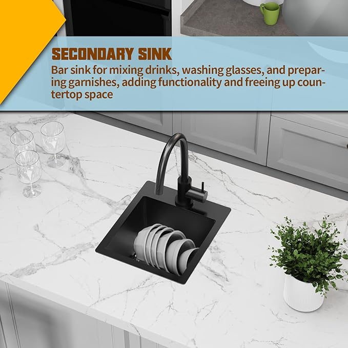 Small Black Kitchen Sink,13x15 Inch Stainless Steel Drop In Topmount Kitchen And Bar Sink Ideal Choice For Small Space, Prep Area, RV With Bottom Grid,Soap Mat And Drain Assembly