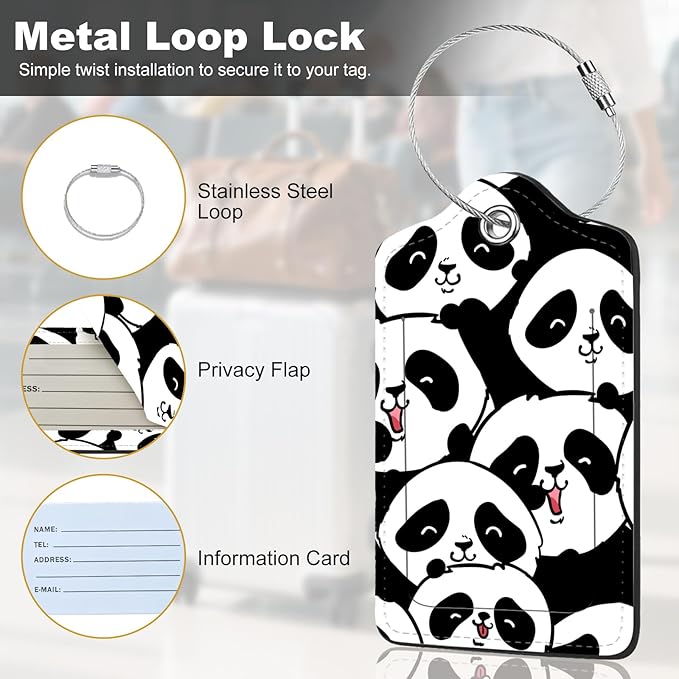 2Pack Luggage Tags for Suitcases, Cute Unique Pu Leather Cruise Luggage Tag with Privacy Cover ID Label Address Card and Metal Ring Suitable for Women Men Kids Travel Bag Silly Cat Face