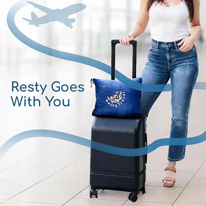 Resty 65"x40" Traveling Airplane Blanket, Navy Blue – Lightweight, Velvety Soft Blanket That Becomes a Travel Pillow – Must-Have Comfort for Planes & Road Trips – Travel Essentials for Women & Men