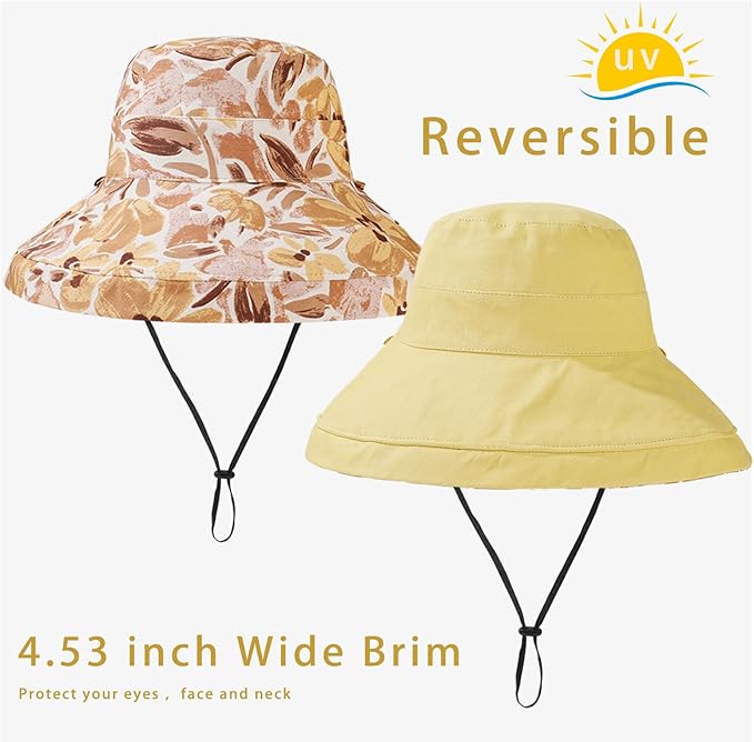 vidsel Womens Sun Hats Wide Brim Reversible Bucket Cotton Hat Packable Summer Travel Cap with Hat Clip,UV Protection