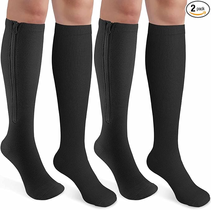 CASMON 2 Pairs Zipper Compression Socks for Women & Men, 15-20 mmHg Closed Toe Knee High Support Sock with Zipper for Varicose Vein Edema