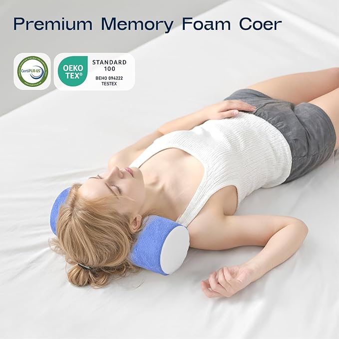 Neck Roll Cervical Pillow for Neck Pain Relief - Memory Foam Neck Pillow for Bed, Round Neck Pillows for Sleeping, 16 * 6.3 * 6.3inch (Blue-White)