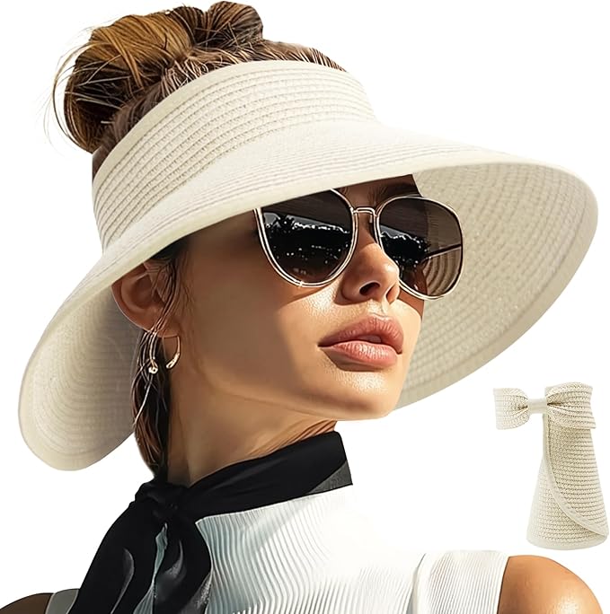 PFFY Sun Hats for Women Straw Beach Hat Packable Foldable Wide Brim Ponytail Travel Visor