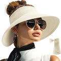 PFFY Sun Hats for Women Straw Beach Hat Packable Foldable Wide Brim Ponytail Travel Visor