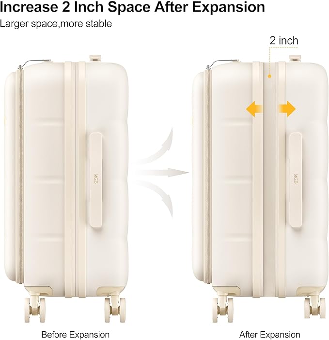 MGB 20 Inch Expandable Carry On Luggage with Wheels PC Hard Shell Suitcase Top Opening Travel Luggage Suitcases for Woman Men Gifts (Cream)