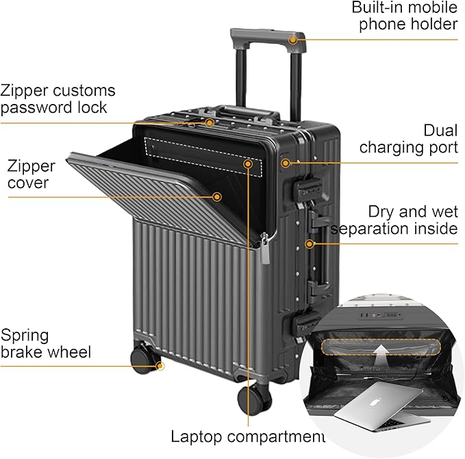 Hard Shell Luggage 20 Inch Travel Suitcase, 22x14x9 Airline Approved with TSA Lock, ABS Aluminum Frame, Lightweight Travel Luggage 20'' 24'' 26'' Carry-on Luggage (Upgraded Grey, 20 Inch)