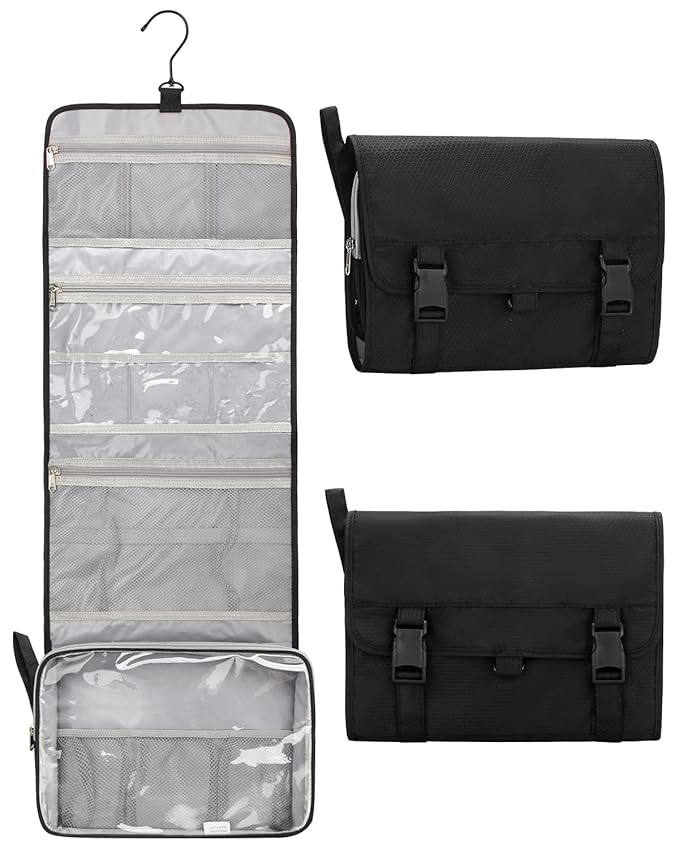 Relavel Travel Toiletry Bag for Men, Hanging Toiletry Bag for Women Makeup Cosmetic Storage Organizer Large Capacity Travel Kit Shaving Bag for Full Sized Container Black