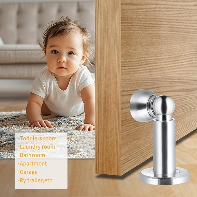 Door Stoppers – Heavy Duty Magnetic Door Stopper for Wall & Bottom of Door – Premium Adjustable Door Stop with Heavy-Duty Windproof Design, Constructed with SUS304 Stainless Steel (Stainless Steel)