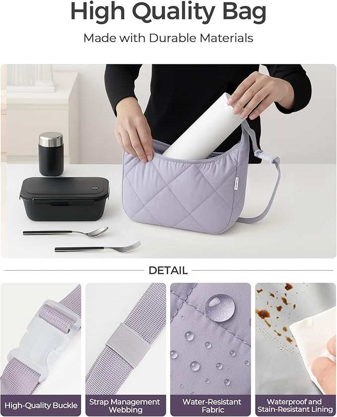 Insulated Lunch Bag for Women, Quilted Reusable Lunch Box with Adjustable Strap, Waterproof Cute Puffy Bento Tote, Stylish Cooler Bag for Work, Picnic or Travel, Light Purple