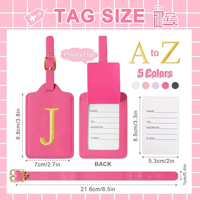 Personalized Initial Cute Luggage Tags - Rose Red Leather with Privacy Cover, Embroidered Custom Monogram for Women Kids