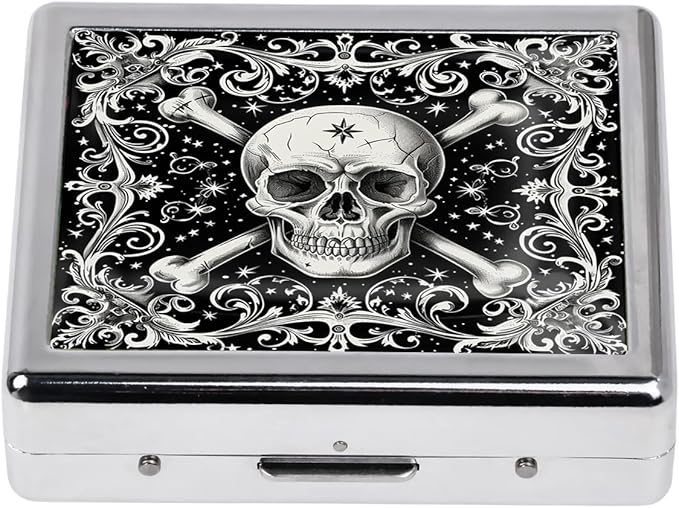 Cute and Stylish Metal Pill Box - Compact Portable Pill Organizer with 8 Compartments, Food-Grade Divider, Ideal for Travel, Vitamins, Jewelry, Cosmetics (Crossbones Starlight)