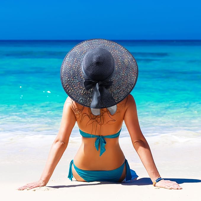 DRESHOW Beach Hats for Women Big Straw Wide Brim Summer Hat Floppy Foldable Roll up Cap Sun Hat UPF 50+