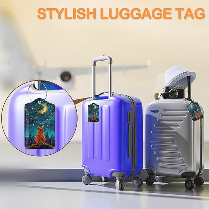 Starry Night Orange Cat 3 Pack PU Leahter Luggage Tag with Stainless Steel Loop, Galaxy Dog Under Stars Travel Suitcase Labels with Privacy Cover ID Label Quickly Spot for Bags