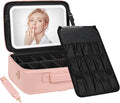 Chomeiu Makeup Bag with LED Mirror, Large Train Case for Makeup Artists, 16.2 inches Travel Professional Cosmetic Organizer with Light Up Mirror, 3 Color Lights, Brush Holder & Shoulder Strap (Pink)