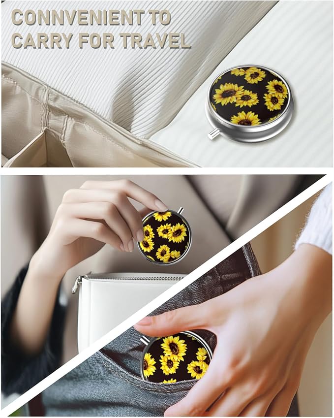 Pill Box, 3 Compartment Portable Travel Medicine Box with Mirror, Compact and Cute, Fits in Purse and Pocket, Medicine and Vitamin Organizer (Sunflowers)