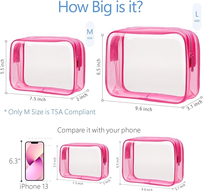 PACKISM Valentine's Day Gifts for Him Her - Clear Makeup Bag with Frame, 2 Pack TSA Approved Toiletry Bag Quart Size Bag, Travel Makeup Cosmetic Bag for Women Clear Toiletry Bag, Rose Red