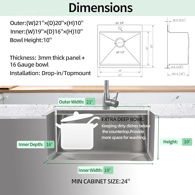 Kitchen Sink, 21 x 20 x 10 Drop in Kitchen Sink 16 Gauge Stainless Steel Kitchen Sinks Single Bowl Workstation Sink with Cutting Board