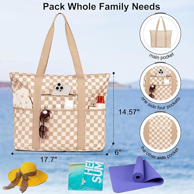 LEDAOU Beach Bags for Women, Beach Bags Waterproof Sandproof, Packable Beach Tote Bag with Zipper Travel Sports
