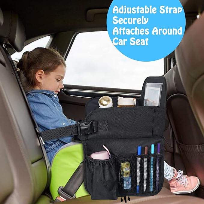 MENZOKE Kids Travel Tray, Travel Tray for Kids Car Seat with Educational Drawing Board, Tablet Holder & Cooler Cup Holder, Portable Road Trip Essentials Child's Gifts for Car Trip, Airplane, Black