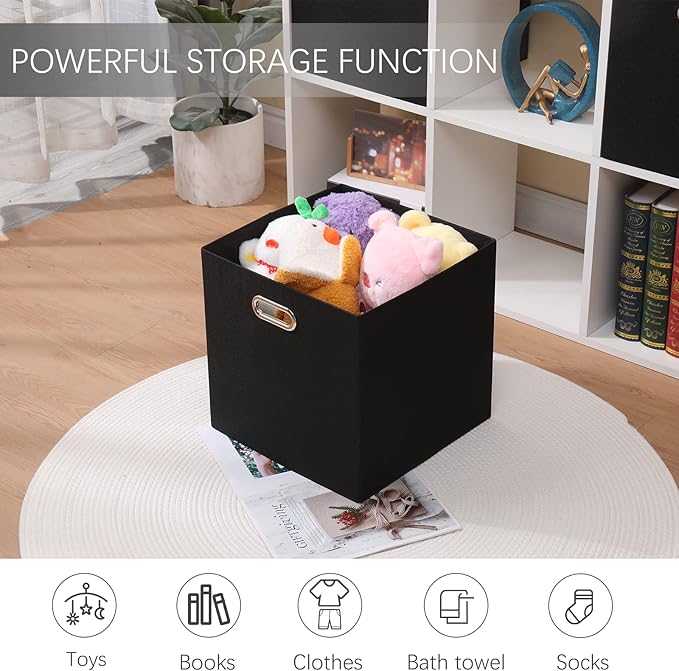 Collapsible Organization Basket Fabric Foldable Box with Handles, 13x13 Cube Storage Bins Set of 4, Thick and Heavy Duty Storage Baskets for Shelves Bedroom Livingroom,Black