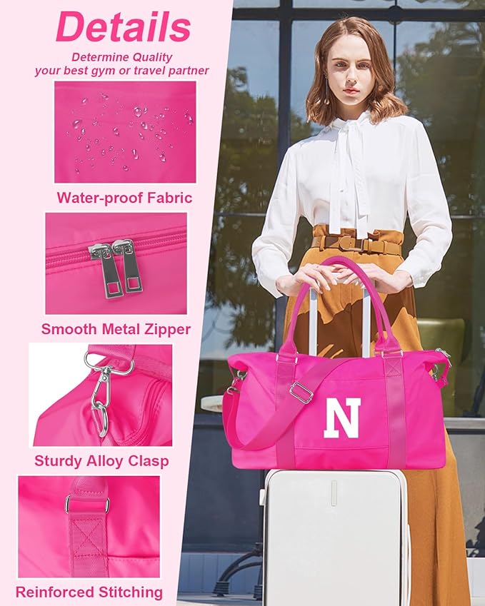 Overnight Bag for Kids Teen Girls Weekender Dance Bag Birthday Graduation Gifts,Initial Travel Duffel Bag Sports Gym Bag Personalized Weekender Bag Carry On Bags Preppy Gifts for Women(Hot Pink, N)