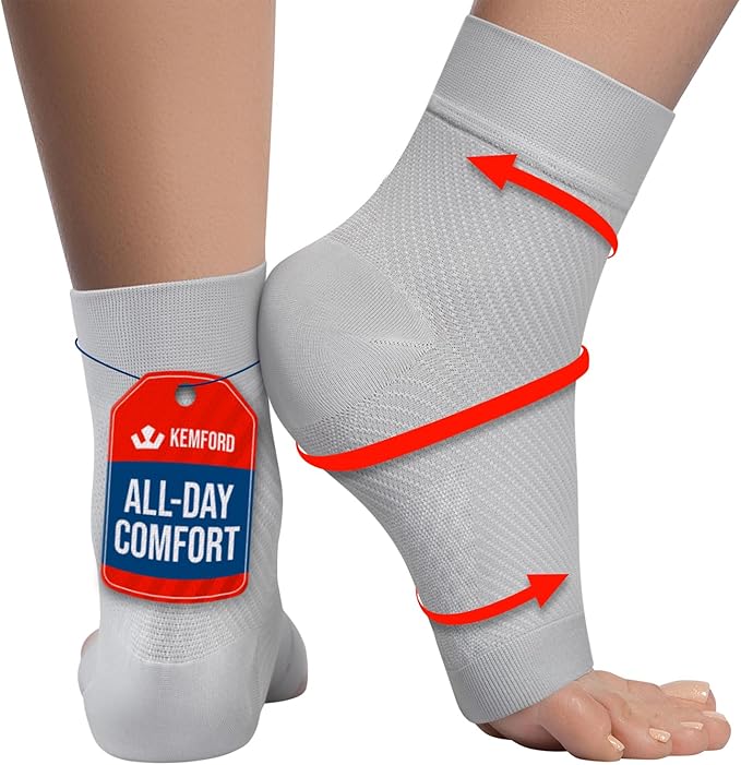 KEMFORD Ankle Compression Sleeve - Plantar Fasciitis Braces - Open Toe Compression Socks for Swelling, Sprain, Neuropathy, Foot Arch Support for Men and Women - 20-30mmhg, L, Grey