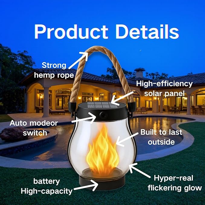 Solar Lantern Outdoor Lights, Flickering LED with Hemp Rope Handle, Dual Charging (Solar & USB), Water-Resistant Hanging Decor for Garden, Yard, Patio, Porch, Pathway, Camping (3)