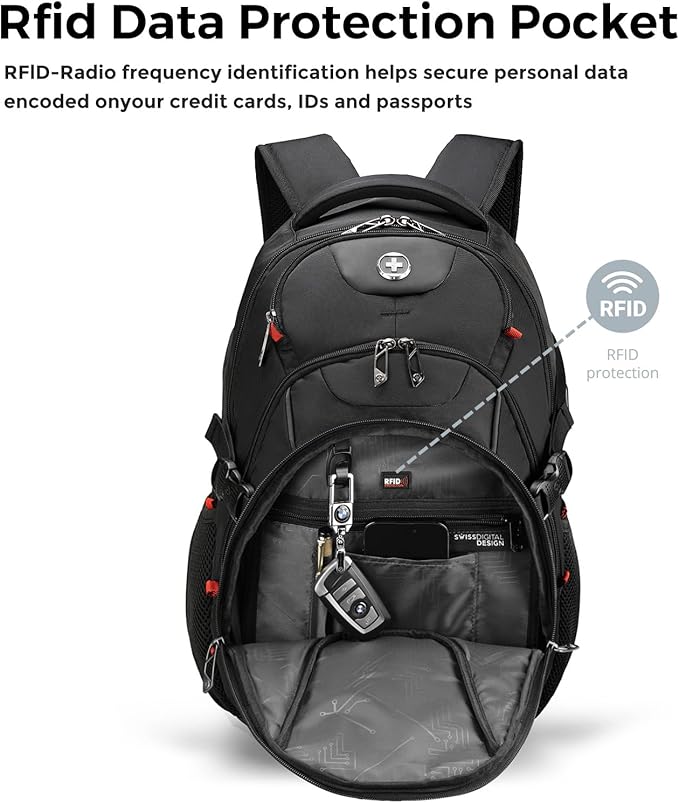 Swissdigital Design Laptop Backpack with USB Charging Port, TSA Travel Backpack Fits 15.6 inches Computer, 31L College School Backpack for Men, Black | SD803