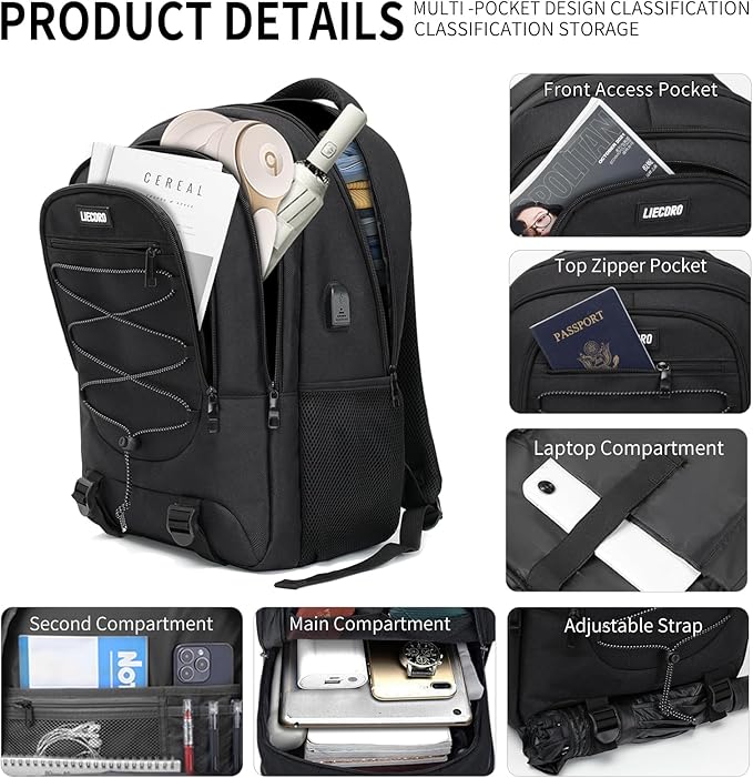 Black Backpack for Men Women, Backpack for School, School Backpacks for Boys Girls Teens, 17.3 inch Laptop Back Pack with USB Charging Port, Large College Book Bag, Business Work Travel Bookbag