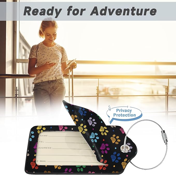 Colorful Paw Print Luggage Tags for Suitcases,2 PackTropical Luggage Tag,Leather Stainless Steel Loop Label Tag for Women Men Girls Travel Bag Suitcase