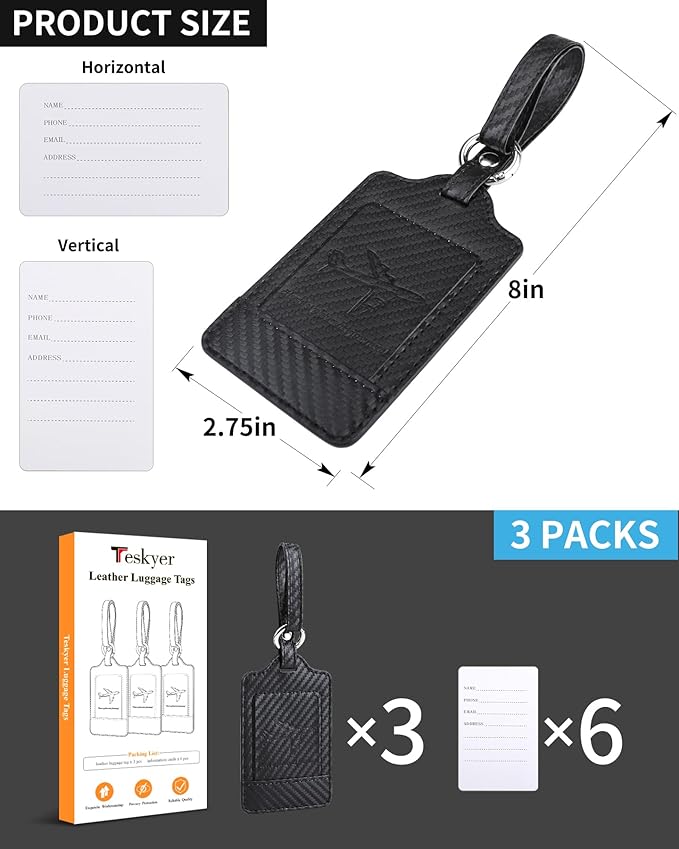 Teskyer Luggage Tags, 3 Pack Premium PU Leather Luggage Tags for Suitcases, Privacy Protection Travel Bag Tags, Carbon Fiber Black