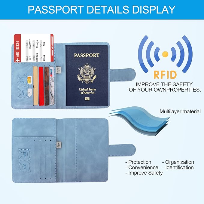 Passport Holders, RFID Blocking Credit Card Holder, PU Leather Vaccine Card Holders for Travel with Magnetic Buckle, Travel Must Haves Cruise Ship Essentials for Men, Women (Blue)