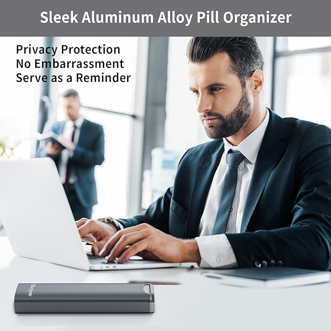 Metal Weekly Pill Organizer, Serfeymi Aluminum Daily Pill Box(Spare Gasket Provided),7 Day Pill Case Travel Medicine Organizer,Pill Containers with Individual Lid for Vitamins,Pills, Supplement-Gray