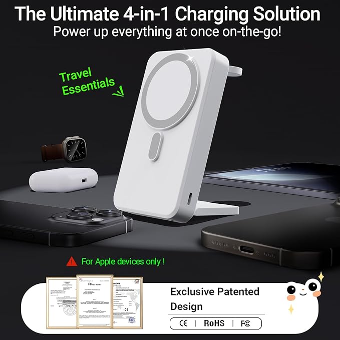 3-in-1 Portable Charger, 10000mAh Foldable Power Bank Fast Charging,MagSafe Charger Battery Pack Magnetic,Travel Wireless Charging Station for iPhone 16/15/14/13/12,iWatch, Air pods, White