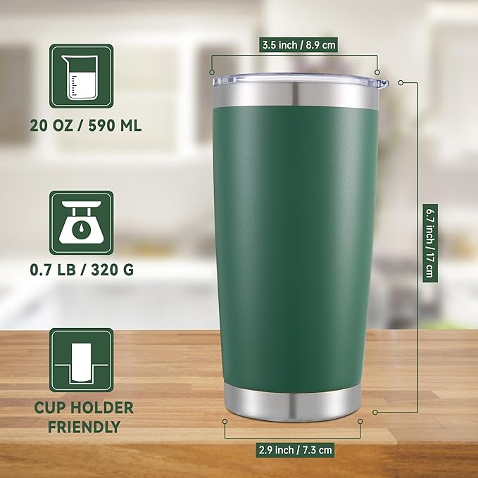 20 oz Tumblers Bulk Stainless Steel Tumbler with Lid Double Wall Vacuum Insulated Coffee Mug 20oz Powder Coated Cup for Hot and Cold Drinks, Dark Green, 12 pack