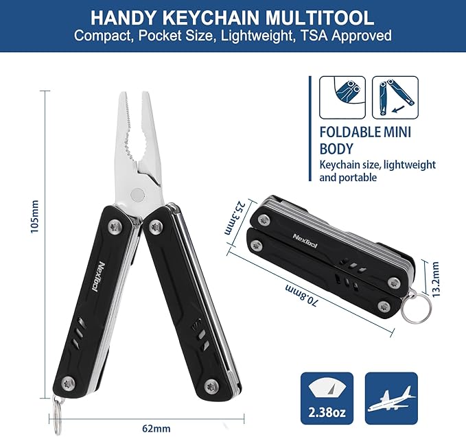 NexTool Mini Multitool - 9 in 1 Keychain Multitool with Needle Nose Pliers, Scissors, SIM Extractor and Screwdrivers for Travel, EDC, TSA Approved
