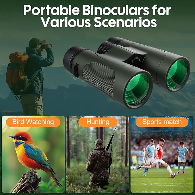 12x42 Binoculars for Adults High Powered: Waterproof HD Bird Binoculars - Large View Easy Focus with Clear Low Light Vision for Hunting Hiking Bird Watching Travel Cruise Green