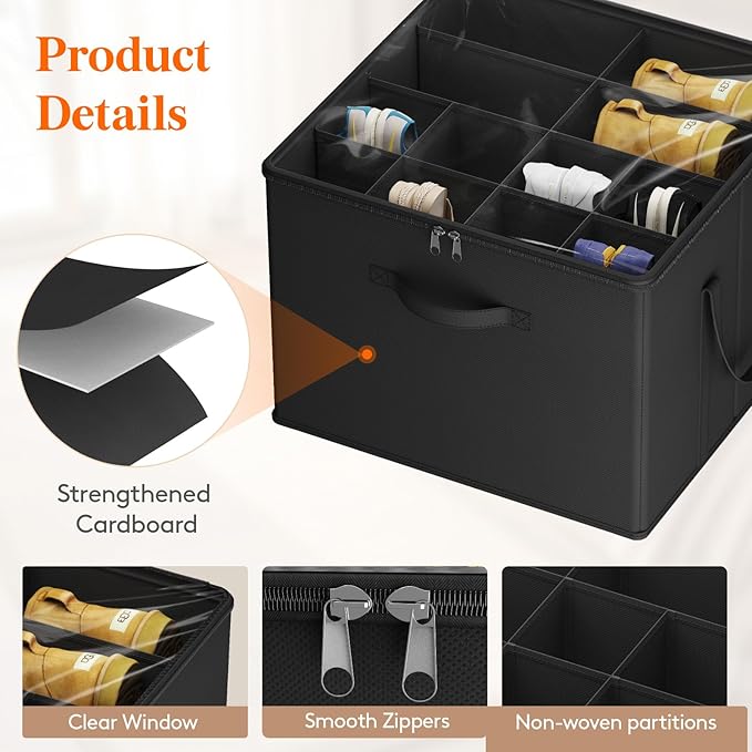 Lifewit Shoe Storage Organizer for Closet, Fits 12-16 Pairs, Large Shoe Box Storage Containers with Clear Cover and Reinforced Handles, Foldable Storage Bins Fit for Boots Heels Sneakers, 3 Pack Black