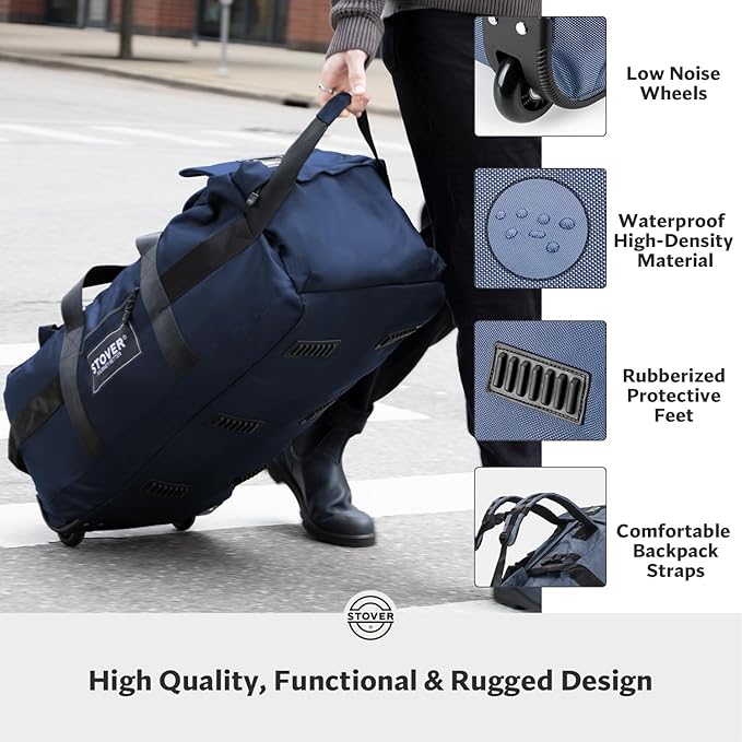 STOVER 80L Rolling Duffel Bag with Wheels, Large 31 Inch Durable Travel Duffle + Toiletry Bag, Heavy Duty, Packable, Foldable w/Shoulder Straps- Use as Luggage or Backpack, Men/Women (Blue)