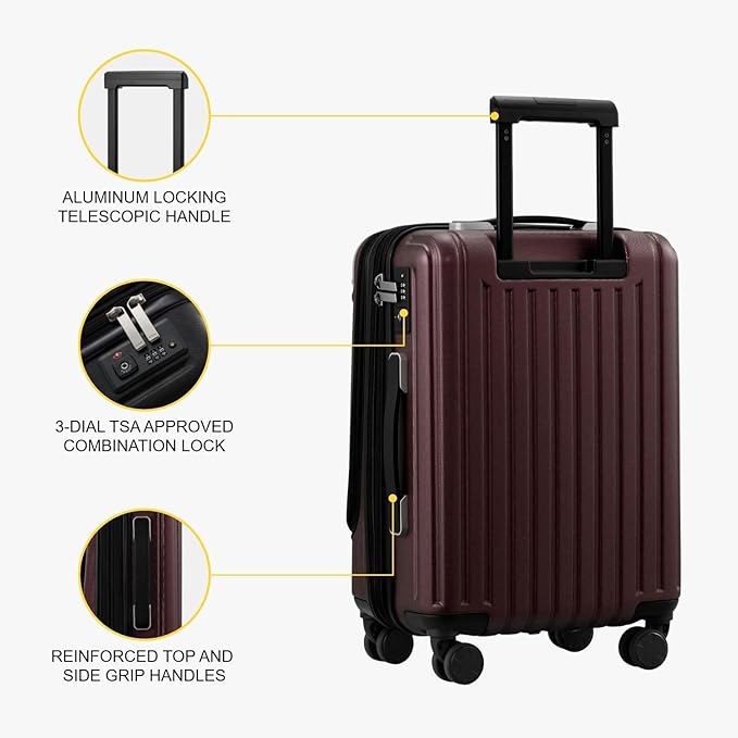 LEVEL8 Grace Carry On Luggage Airline Approved, 20 Inch Expandable Hardside Carry On Suitcase With Wheels, Abs+Pc Small Luggage with Tsa Lock, Red, 20-Inch