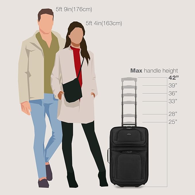 U.S. Traveler Lightweight Rolling 20" Carry On Luggage Softside Suitcase, Black, 2 Wheel Single