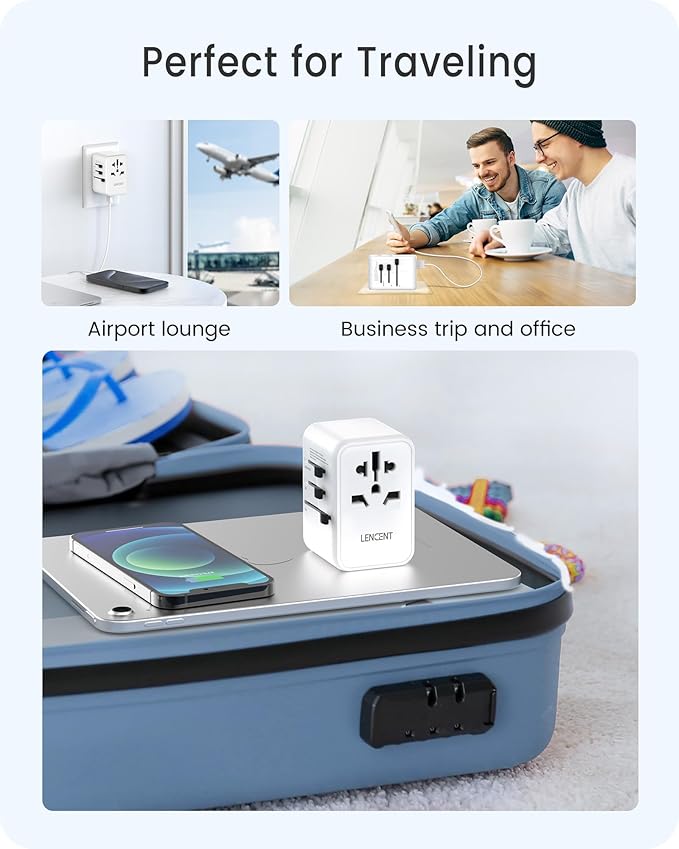 LENCENT Universal Travel Adapter, GaN III 45W International Charger with 3 USB Ports & 2 USB-C PD Fast Charging Adaptor, Worldwide Wall Charger for iPhone,Laptops, USA/UK/EU/AUS (White-45W)