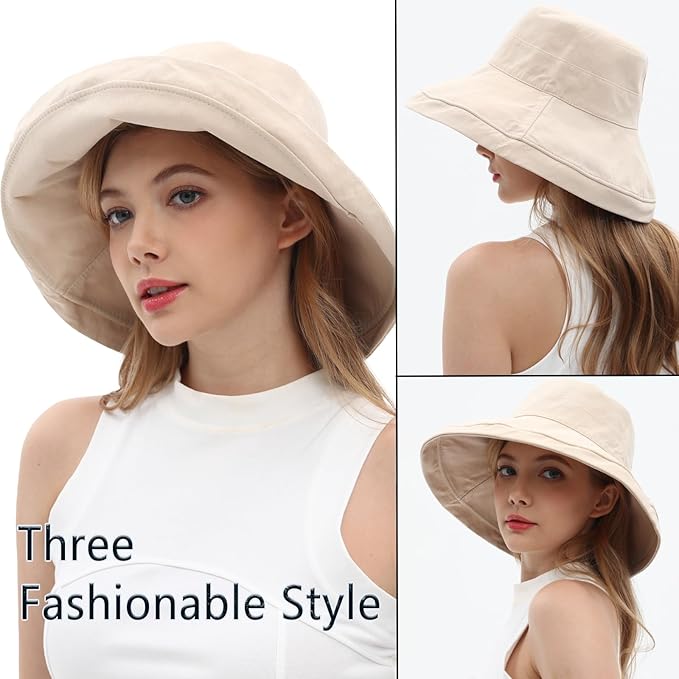 vidsel Womens Sun Hats Wide Brim Reversible Bucket Cotton Hat Packable Summer Travel Cap with Hat Clip,UV Protection