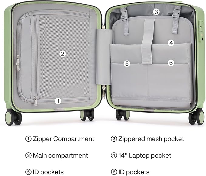 Hanke 16 Inch Underseat Carry On Luggage, Airline-Approved Hard Shell Small Suitcase with Spinner Wheels, Lightweight Tsa Lock Travel Luggage for Short Trips(Bamboo Green)