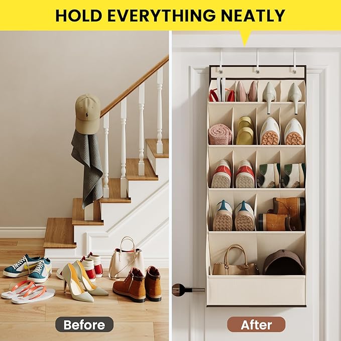 Over the Door Shoe Organizer for Closet, Shoes Rack for Closet with 15 Large Pockets, Hanging Shoe Organizers for Boot Storage, Behind the Door Narrow Shoe Holder for Small Shoes, Beige